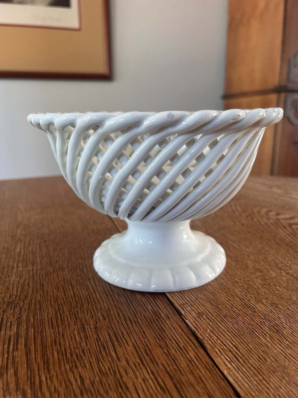 Vintage Ceramic Footed Pedestal Compote Bowl White Woven Lattice Spain
